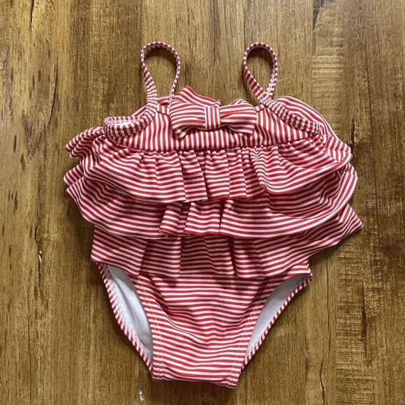 JANIE AND JACK Red White Striped Ruffle Rash Guard Swim‎ Shirt Size 3-6 Months - Picture 1 of 8
